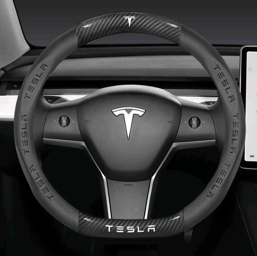 15" PU Leather & Carbon Fiber Steering Wheel Cover for 2008-2025 Tesla All Model