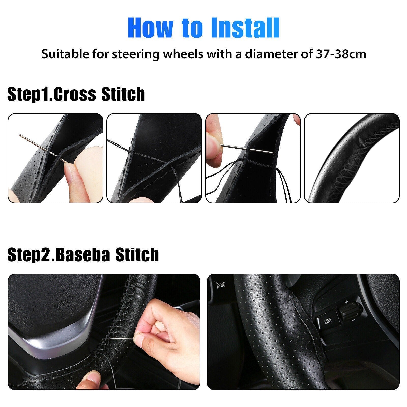 New Leather DIY Car Steering Wheel Cover Anti-slip For 15"/38 cm Dia Black