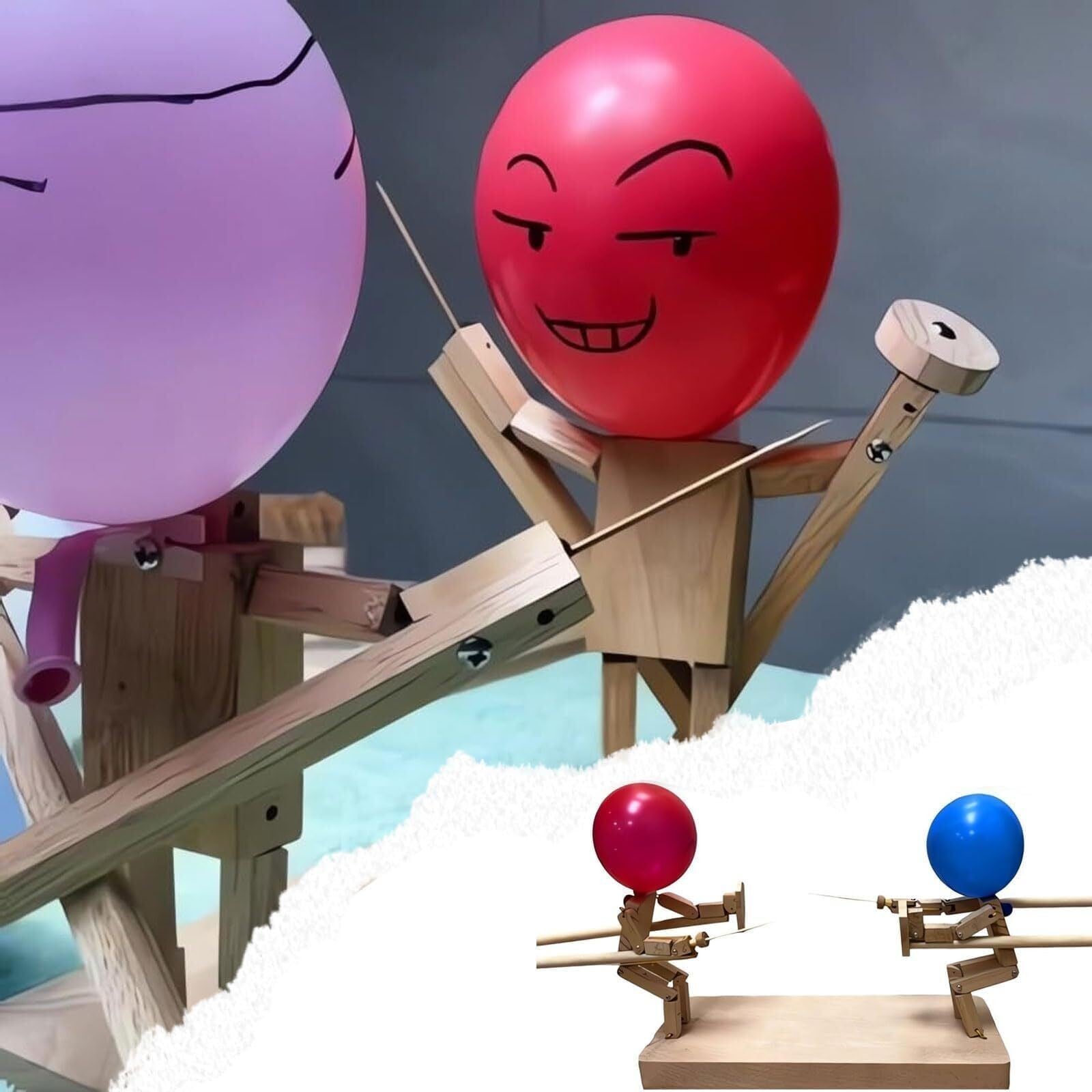 2 Players Balloon Bamboo Man Battle Handmade Wooden Fencing Puppets Party Games