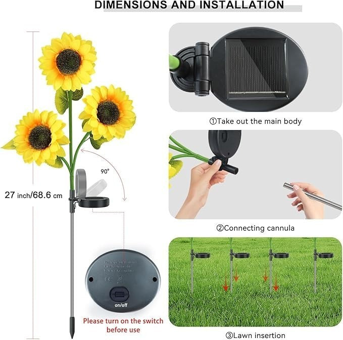 2×Solar Powered 3 Heads Sunflower LED Garden Light Outdoor Path Lawn Stake Lamp