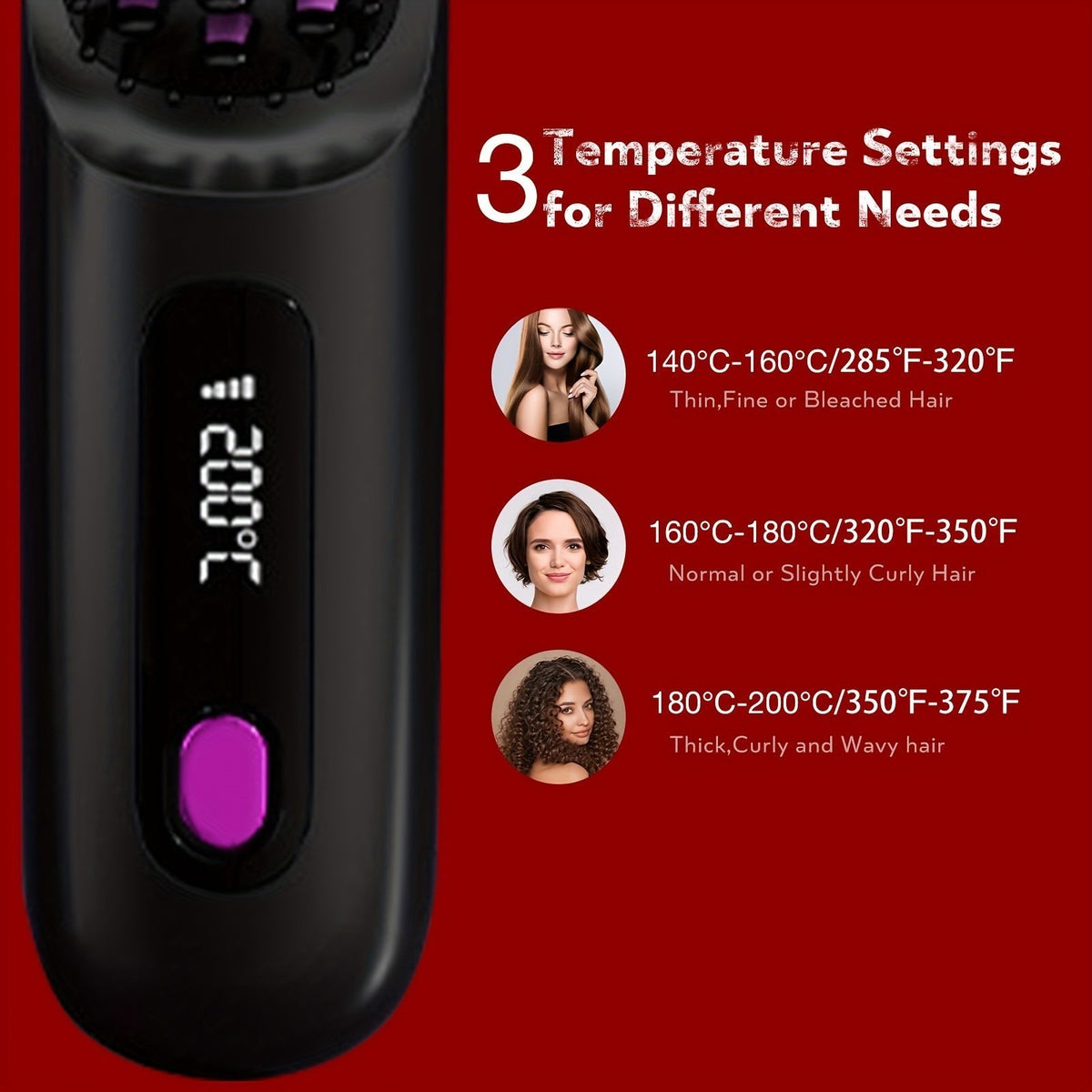Glow Wave Heated Brush  LED Screen & USB Charging 3 Heat Settings for Short Hair
