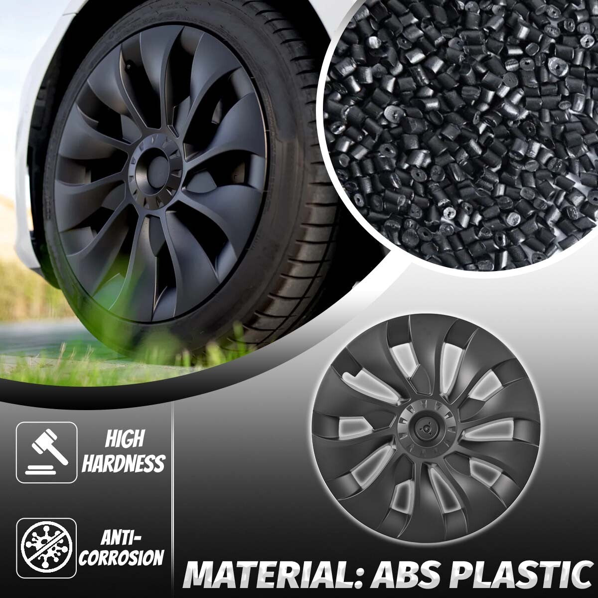 18" Wheel Cover Hubcaps Matte Black 4pcs For Tesla Model 3 2017-23 Silver Logo