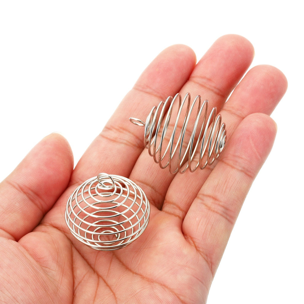 Spiral Bead Cages Pendant, 100Pcs 30x35mm Spring Stone Holder Silver Tone