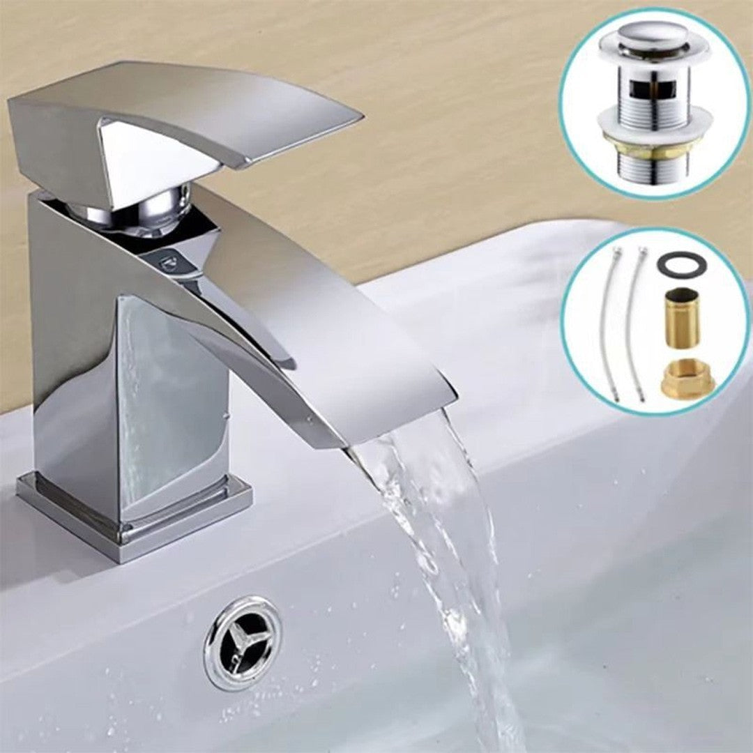 Waterfall Bathroom Sink Tap Cloakroom Basin Mixer Chrome Mono Faucet + Waste Set