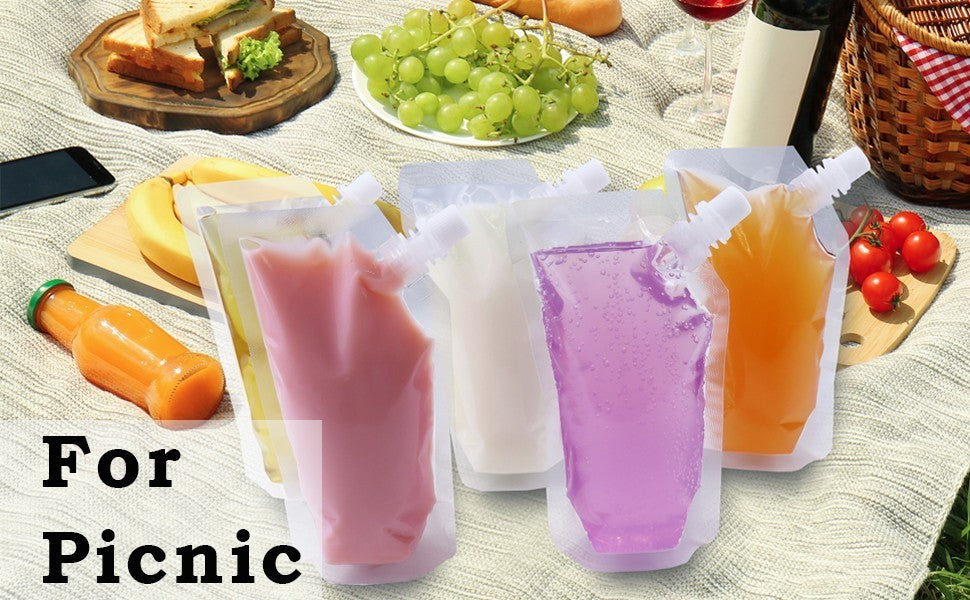 100pcs Clear Plastic Spouted Liquid Drink Bag Pouch Reusable for Picnic 500ML