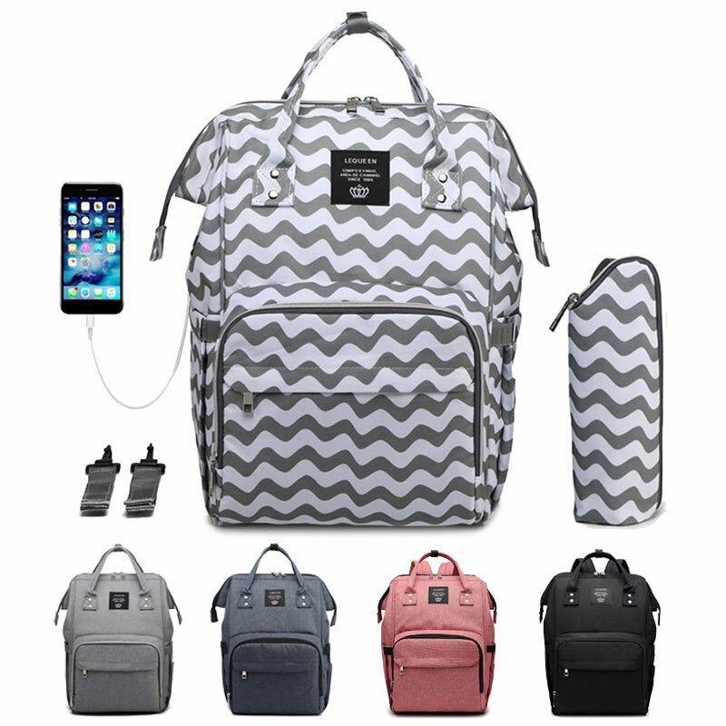 LEQUEEN USB Diaper Bag Backpack Baby Nursing Maternity Organizer Bags Waterproof