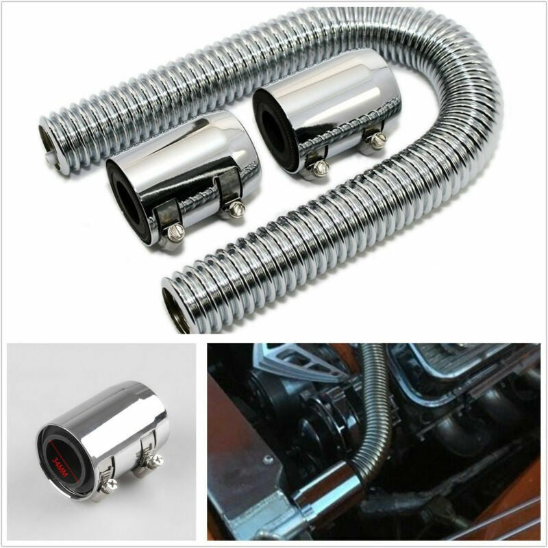 Universal 24" Chrome Stainless Steel Radiator Flexible Hose Set With Chrome Caps