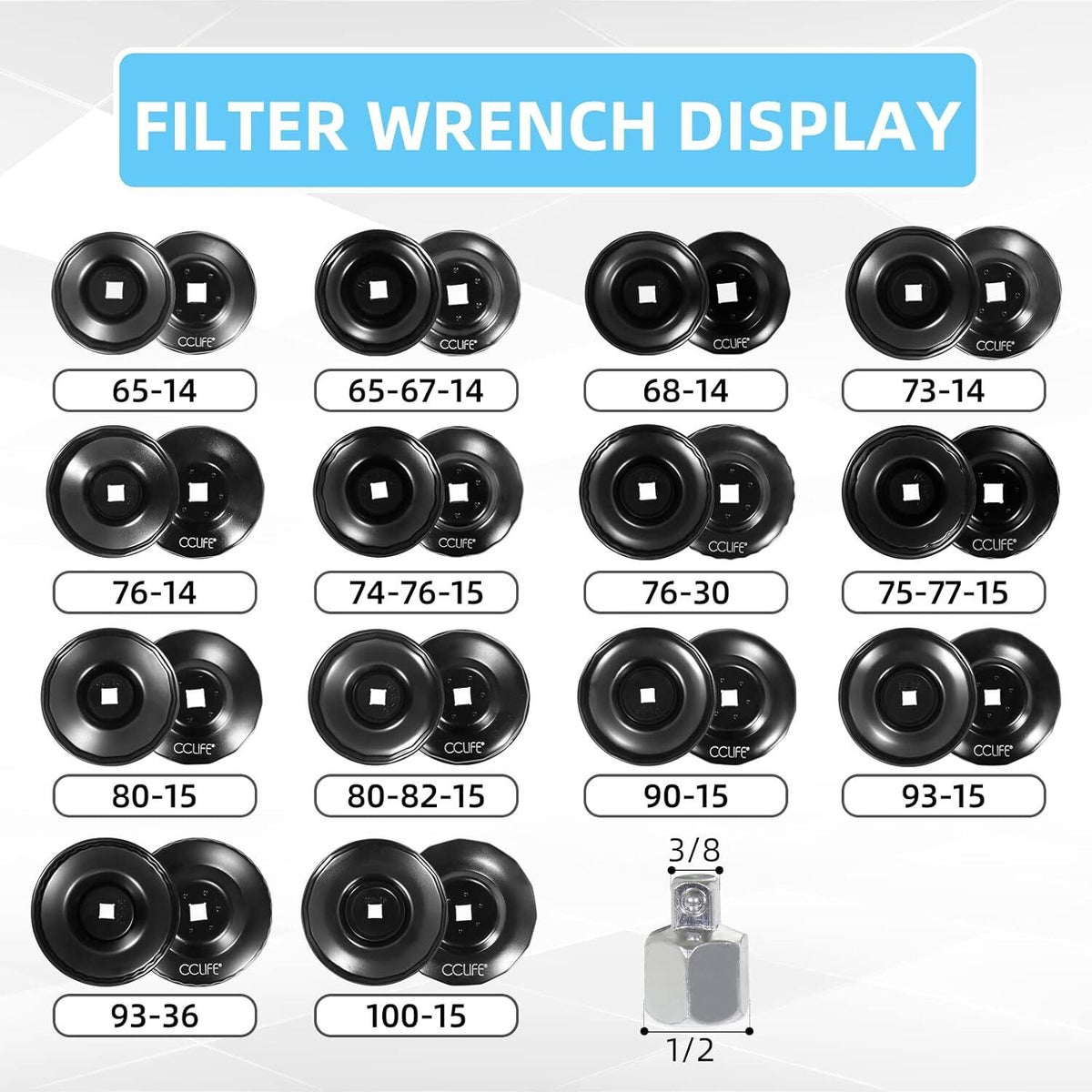 16Pcs Cap Oil Filter Wrench Set 3/8" Drive Car Automotive Removal Socket Tools