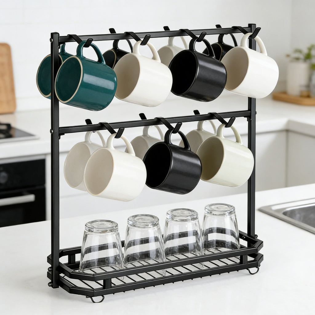 Coffee Mug Rack Metal Black Vintage Cup Holder Stand Storage Base with 14 Hooks