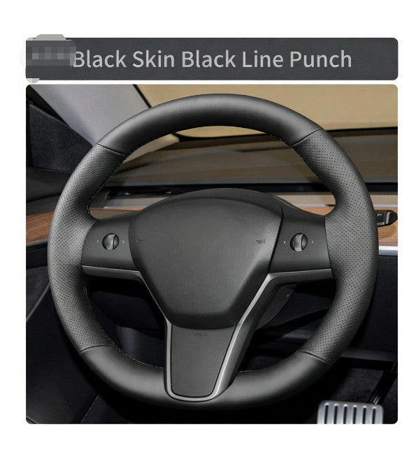 For Tesla Model 3 17-23 Y 20-23 Steering Wheel Cover Hand-Stitching Leather Wrap