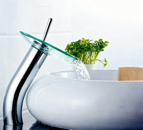 All Copper Round Glass Waterfall Glass Sink Mixer Tap Bathroom Wash Basin Faucet