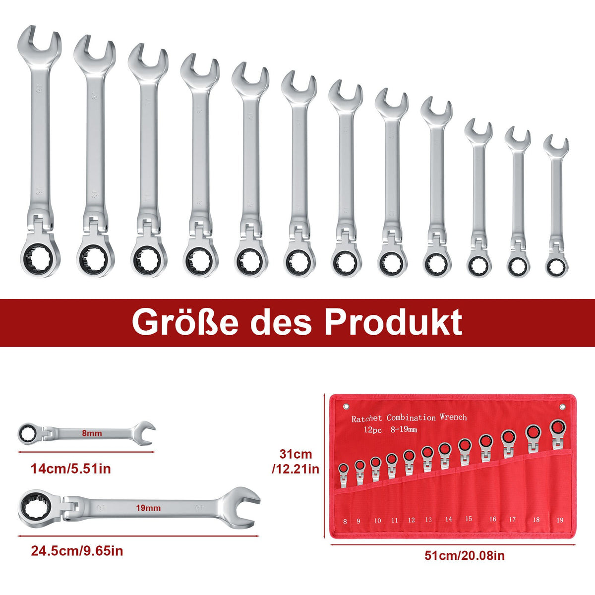 12pcs Metric Ratchet Flexible Spanner Set 8-19mm Combination Wrench Spanners