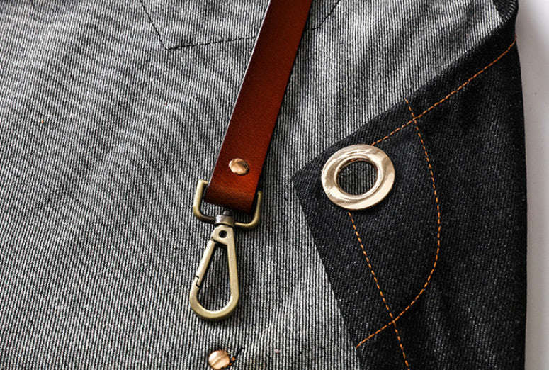 New Denim Leather Strap Bib Apron Barista Bartender BBQ Chef Cook Waiter Uniform