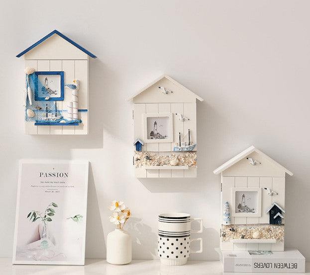 Wall Wooden Key Storage Box Ocean Theme Decoration 11.6x2x8.8inch Handmade