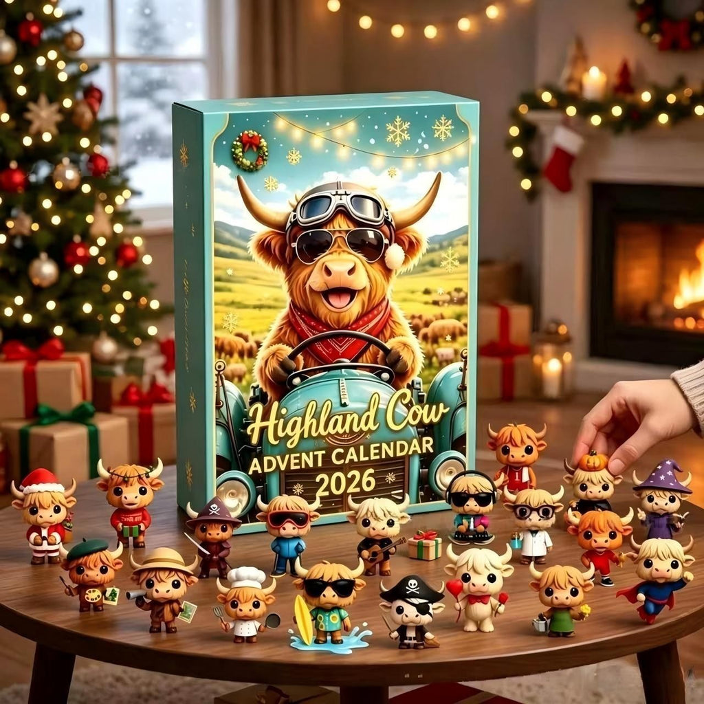 24 Day Highland Cow Advent Calendar 2026 3D Flat Mini Figures Xmas Gift Toy