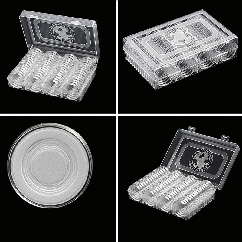 60Pcs 40mm Clear Coin Capsules Holder Storage Box Coin Collection Container Kit