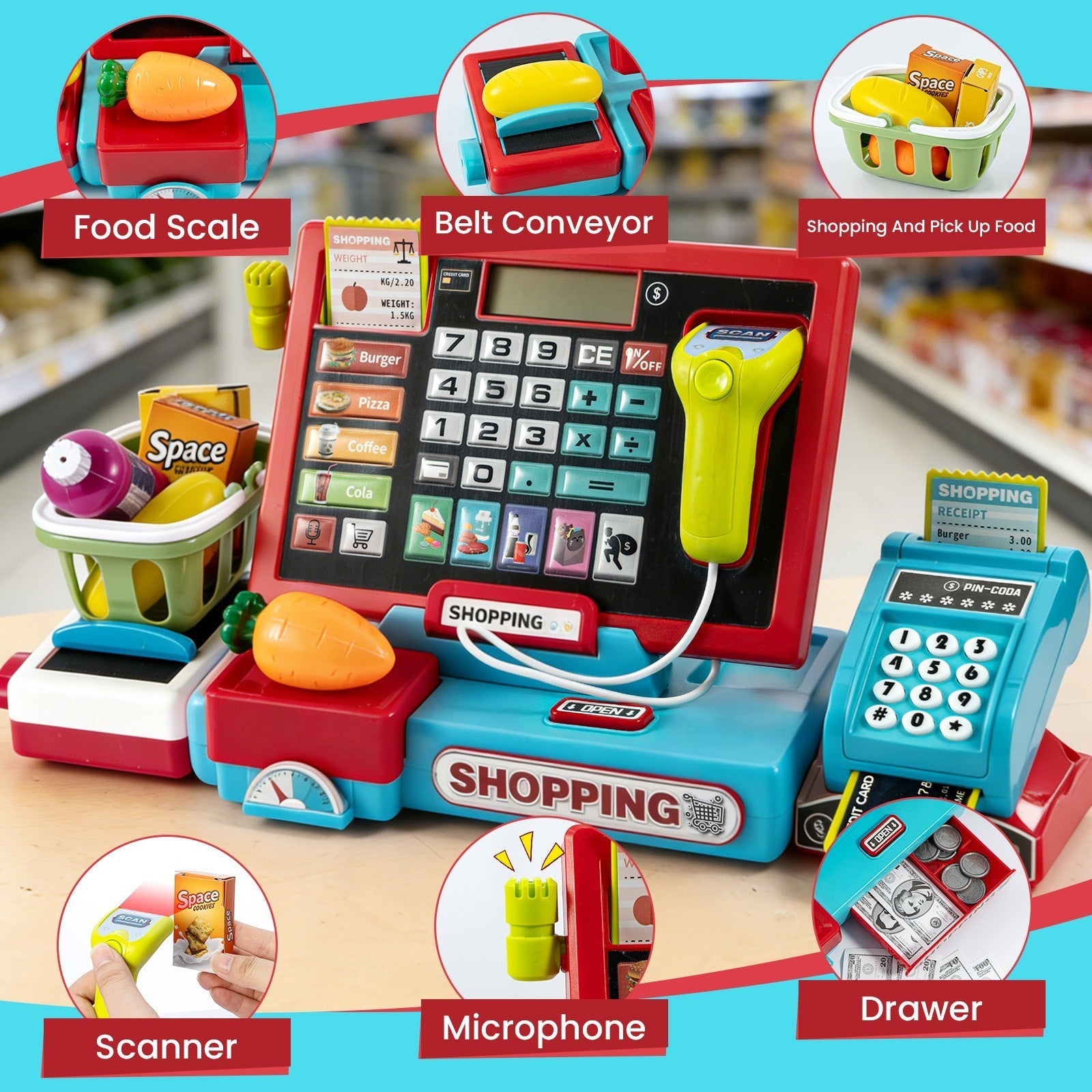 Kids Cash Register Toy Pretend Play Store Set With Real Calculator