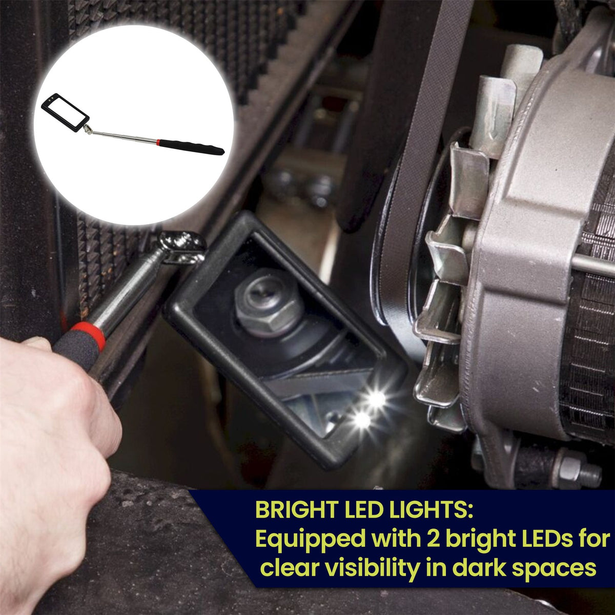 Telescopic Light Inspection Mirror With 2 Bright LED Grip Extends 29-87cm