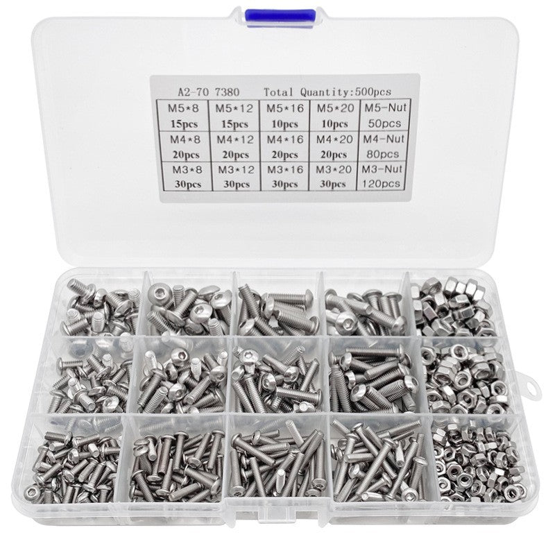 500X Assorted M3 M4 M5 Stainless Steel Hex Screws & Socket Bolts and Nuts Kit