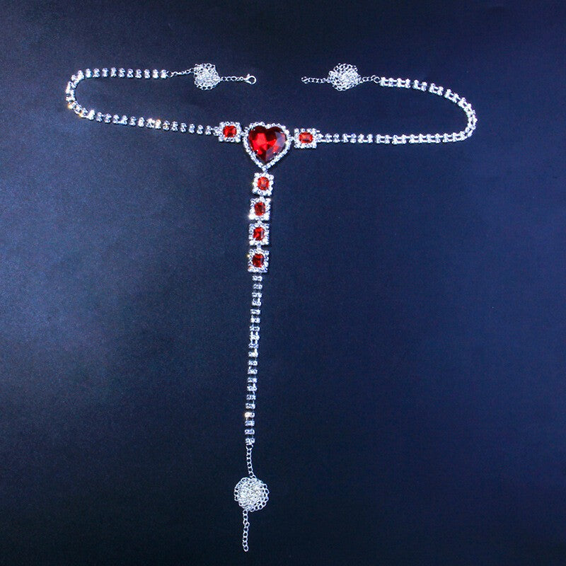 Women Chain Thong Sexy Panties Rhinestone Crystal Body Waist Jewelry Silver Red