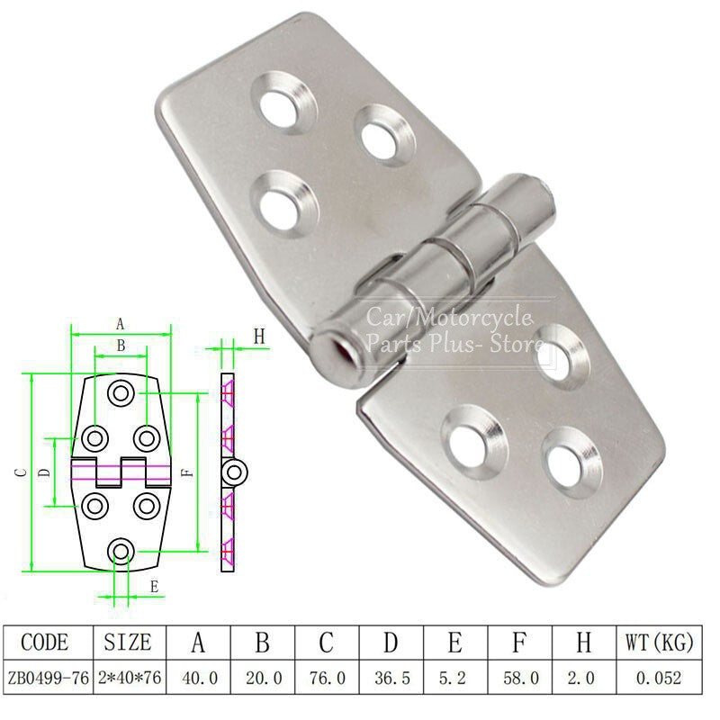 2 x Door Hinge 76 x 38mm, 6 Hole Stainless Steel Horsebox Yacht Boat Marine