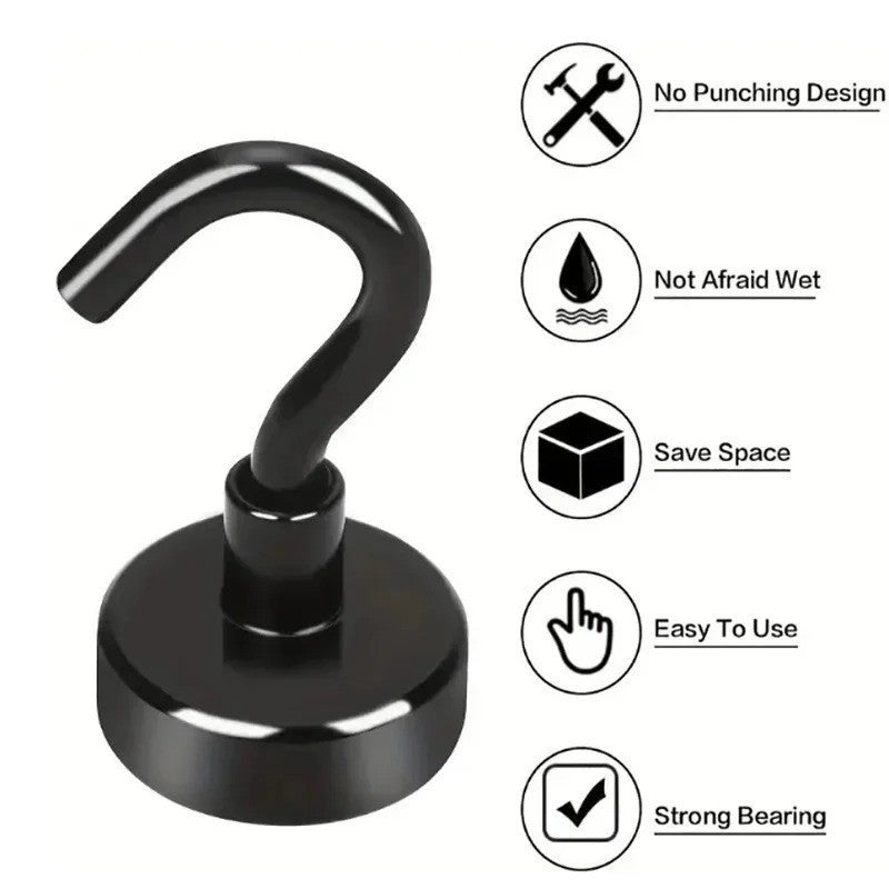 6pcs black magnet hooks, 16 pound strong magnet hooks, heavy duty epoxy coating