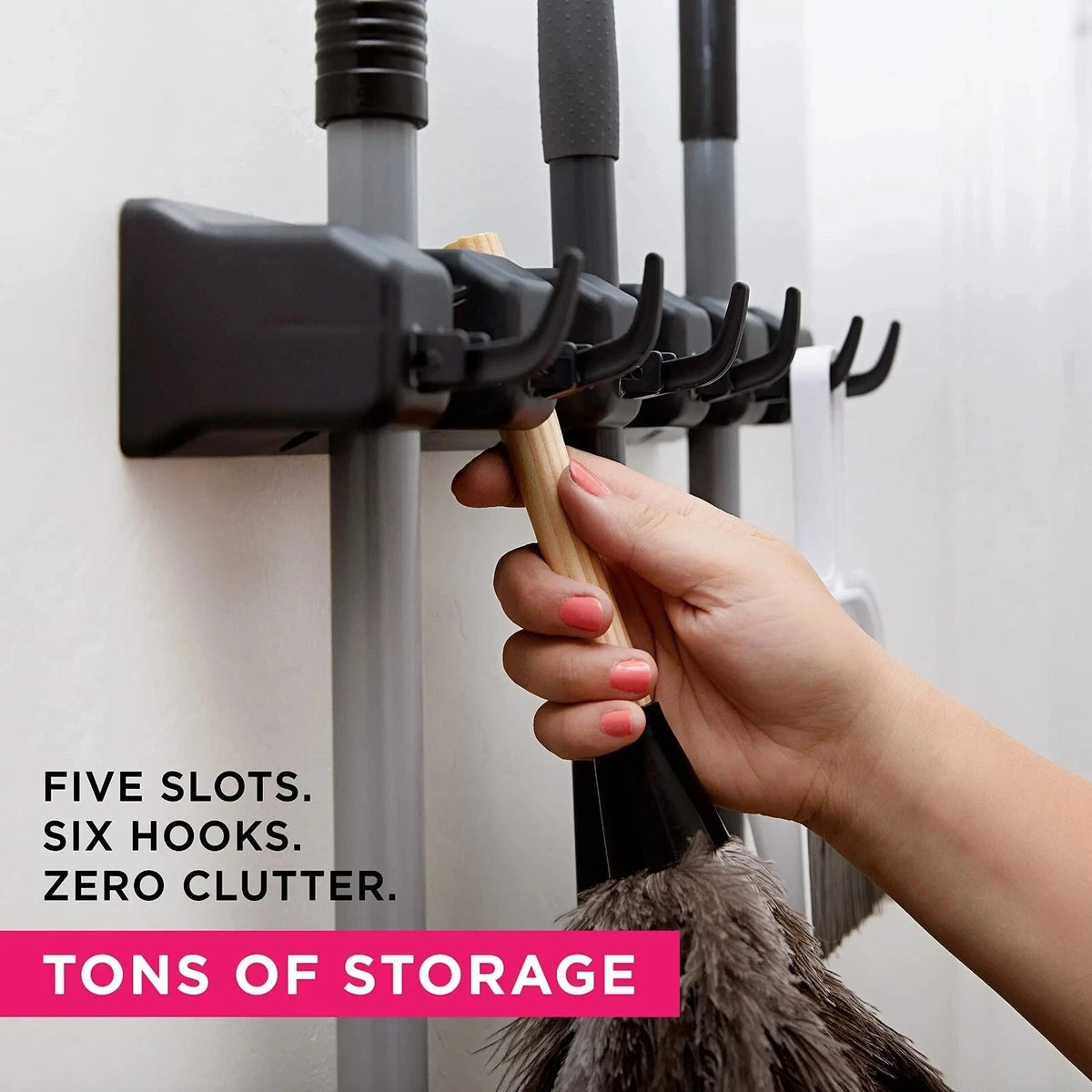 Wall Mounted Mop Broom Holder 5 Slots Heavy Duty Kitchen Cleaning Tool Organizer