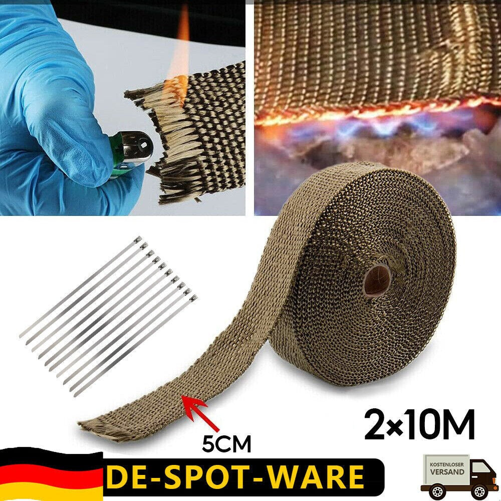 Titanium Gold Heat Wrap Tape 2 Rolls 10M Manifold Downpipe Exhaust With 20 Ties