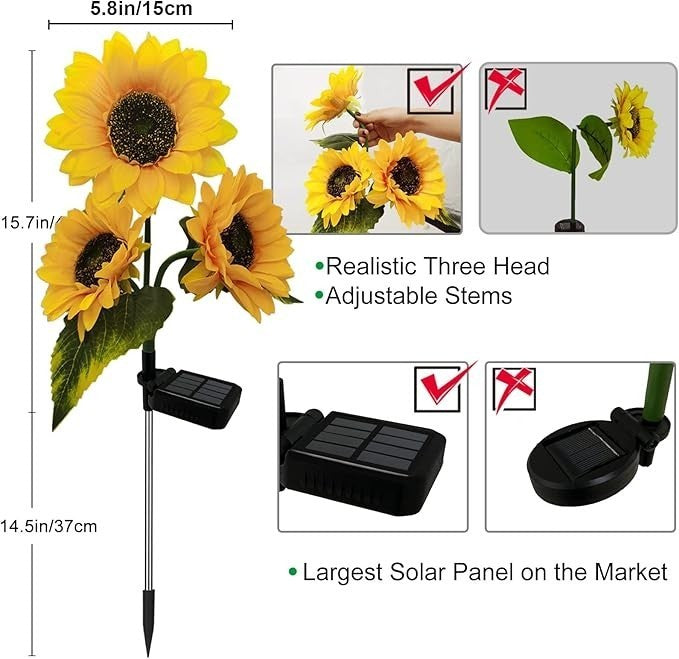 2×Solar Powered 3 Heads Sunflower LED Garden Light Outdoor Path Lawn Stake Lamp