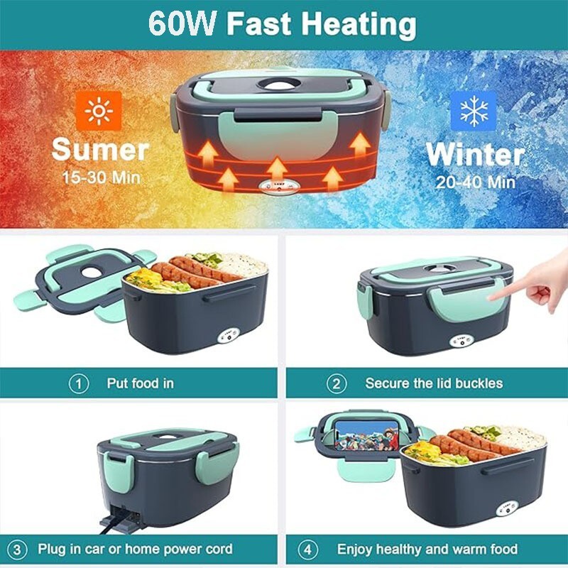60W 1.5L Electric Lunch Box Food Heating Portable 24V / 12V Office Car UK Plug