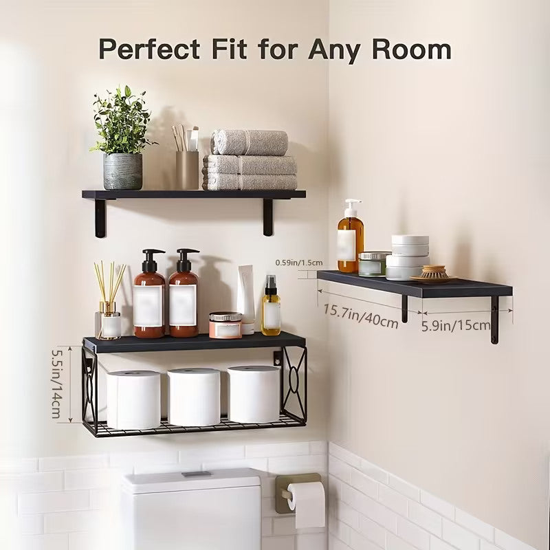 3-Pack Bathroom Shelf with Metal Storage Basket Wall Mounted Floating Shelves