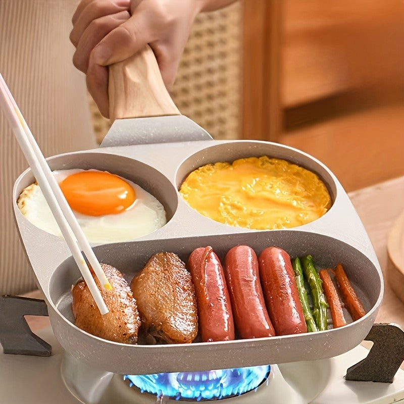 3-in-1 Non-Stick Egg Frying Pan, Maifan Stone Breakfast Skillet Wooden Handle