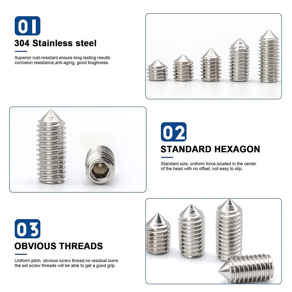 2set  A2 Cone Point Grub Screws M3 M4 M5 M6 M8 Hex Socket Set Screw Box Set