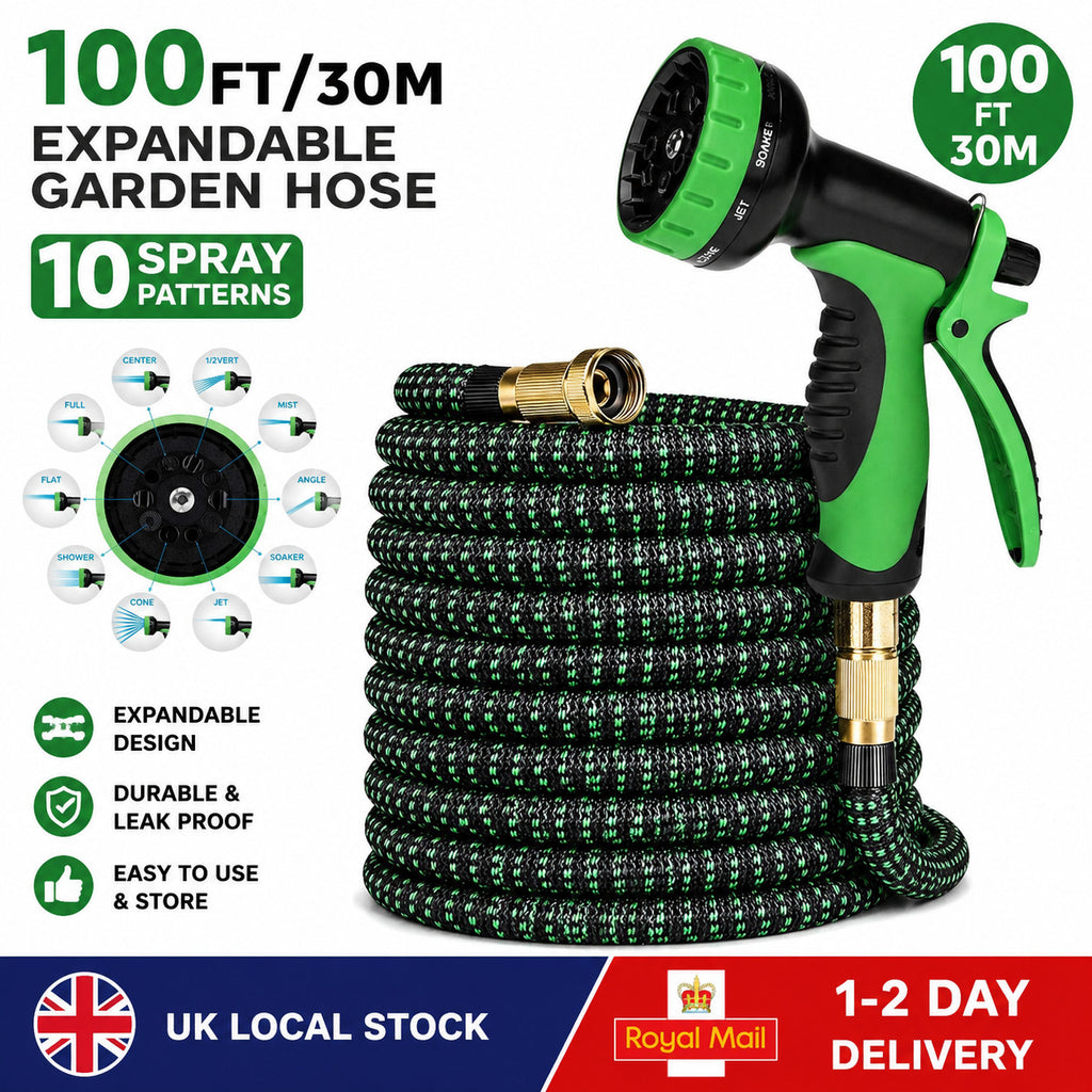 100FT 30M Expandable Garden Hose Pipe 10 Spray Nozzle Flexible Water Hose UK