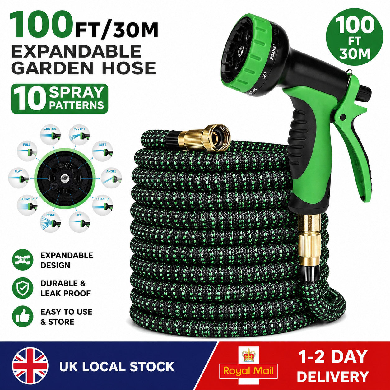 100FT 30M Expandable Garden Hose Pipe 10 Spray Nozzle Flexible Water Hose UK