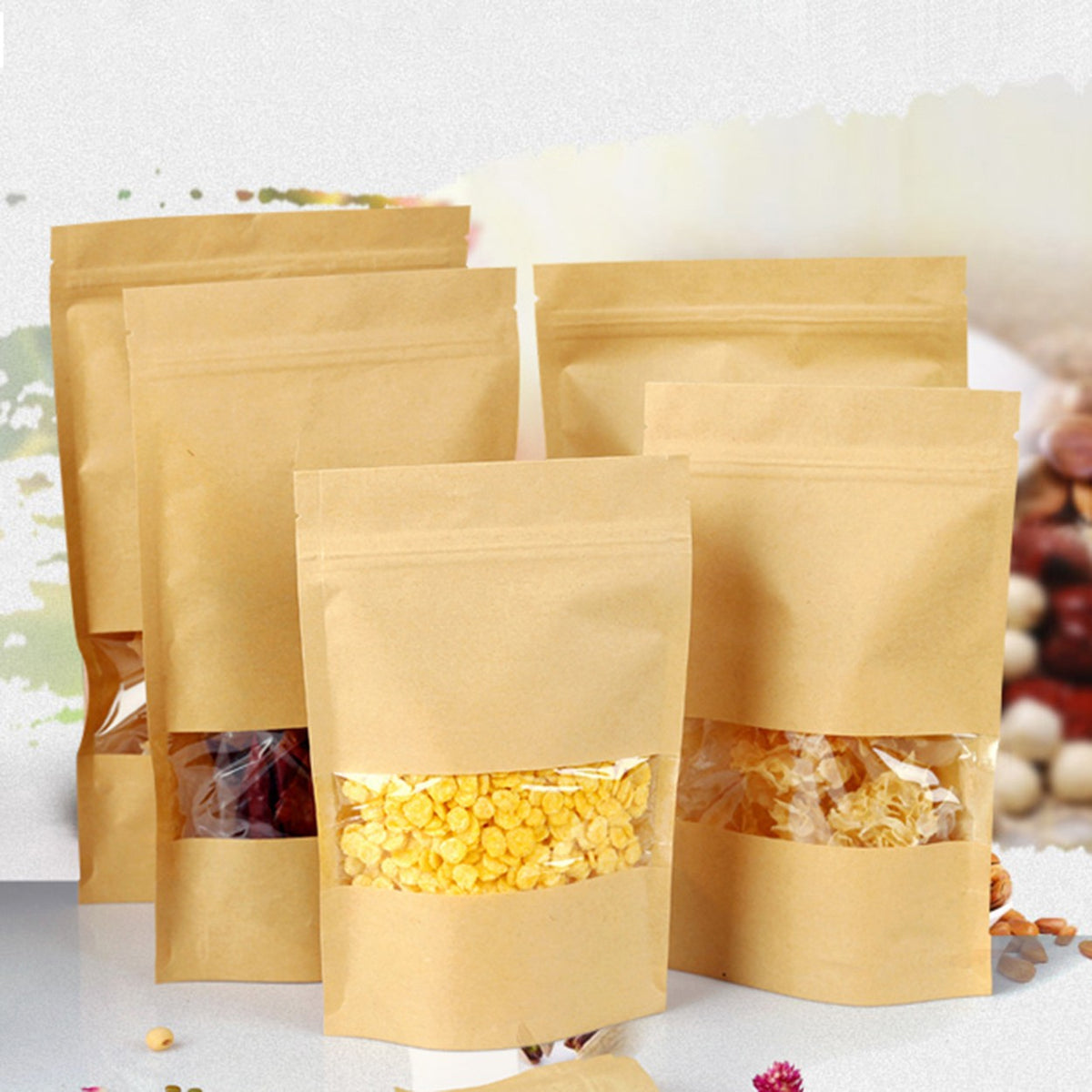 BROWN PACKAGING BAG CLEAR WINDOW GUSSET STANDING ZIP LOCK SEALABLE HEAT SEAL.*