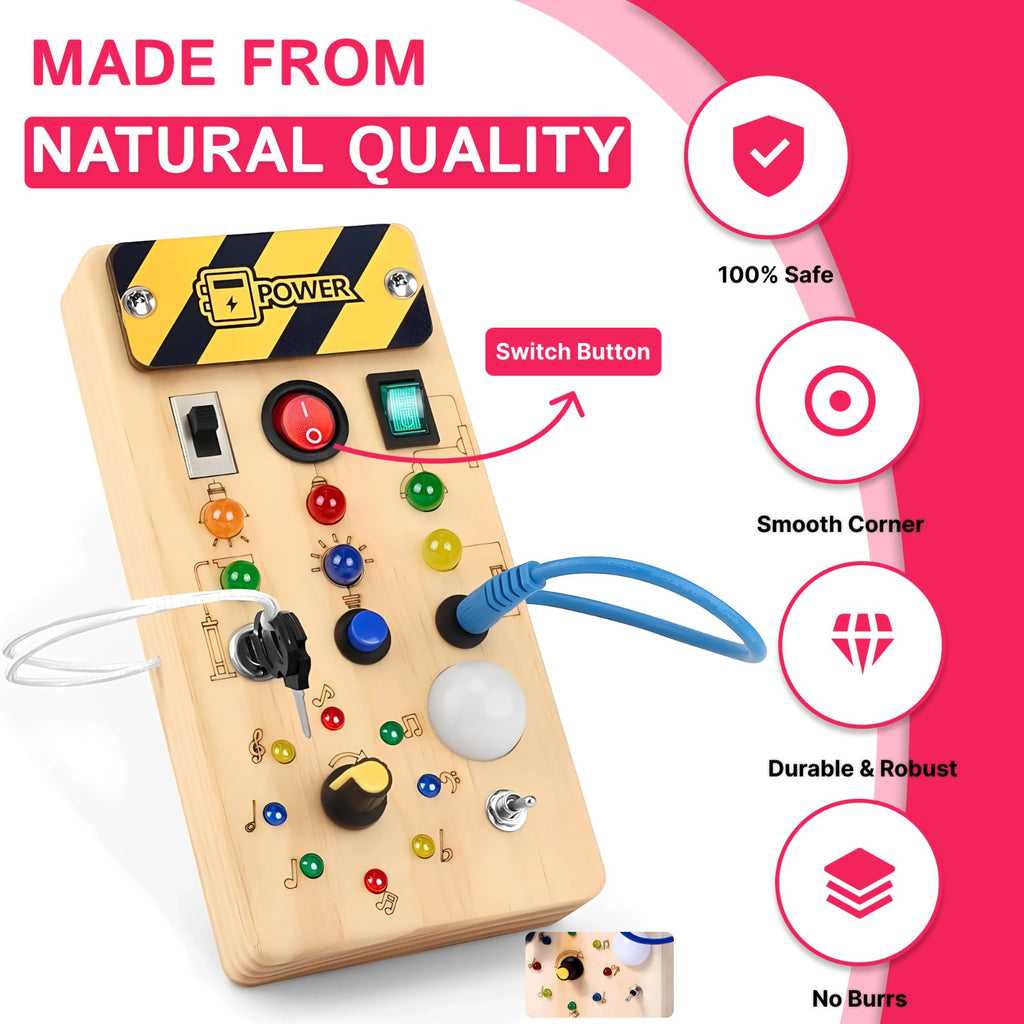 Montessori Busy Board Sensory Travel Activity Toys Wooden With LED Light Switch