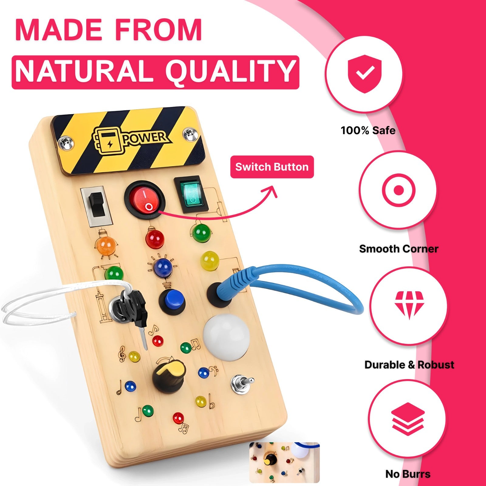Montessori Busy Board Sensory Travel Activity Toys Wooden With LED Light Switch