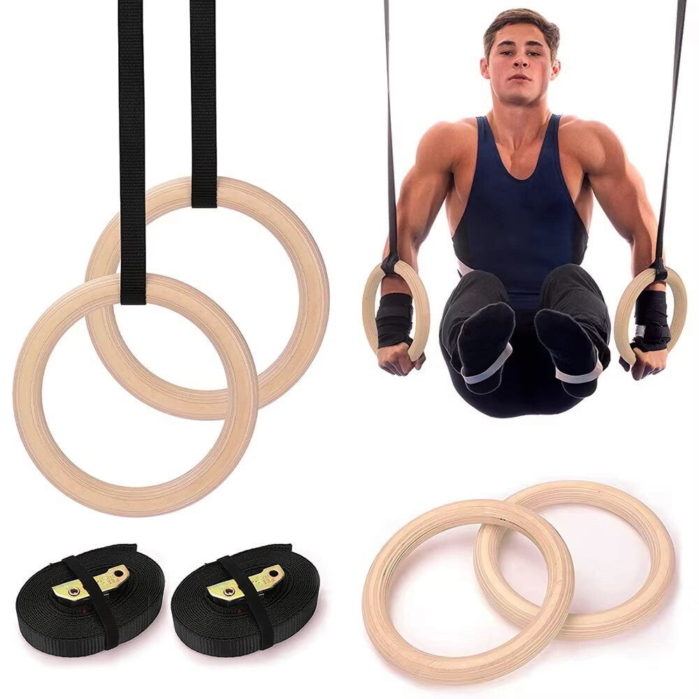 28mm Wooden Gymnastic Ring with Adjustable Buckle Straps Workout Fitness Ring