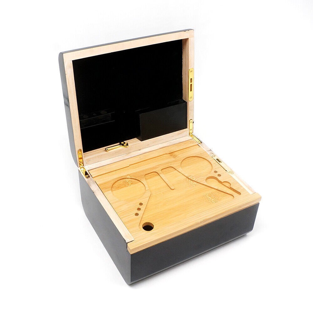 Locking Bamboo Storage Box Movable Rolling Tray Wooden Stash Chest Organizer