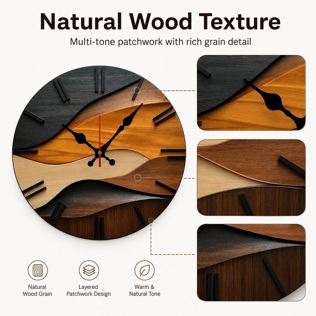 Modern Nordic Wooden Wall Clock Silent Quartz Movement 25cm Round Wall Clock