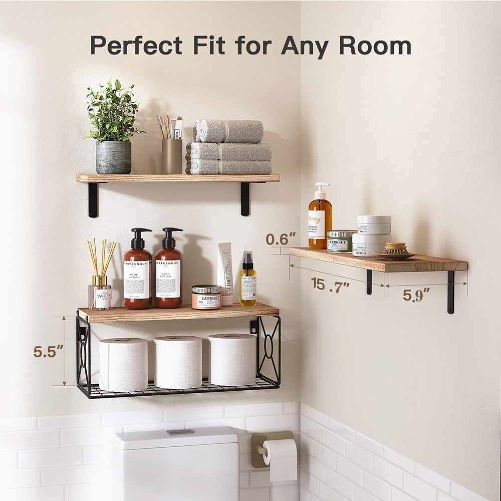 3-Pack Bathroom Shelf with Metal Storage Basket Wall Mounted Floating Shelves