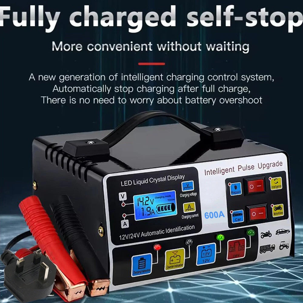 Heavy Duty Smart Car Battery Charger 12V/24V Automatic Pulse Repair Trickle 600A