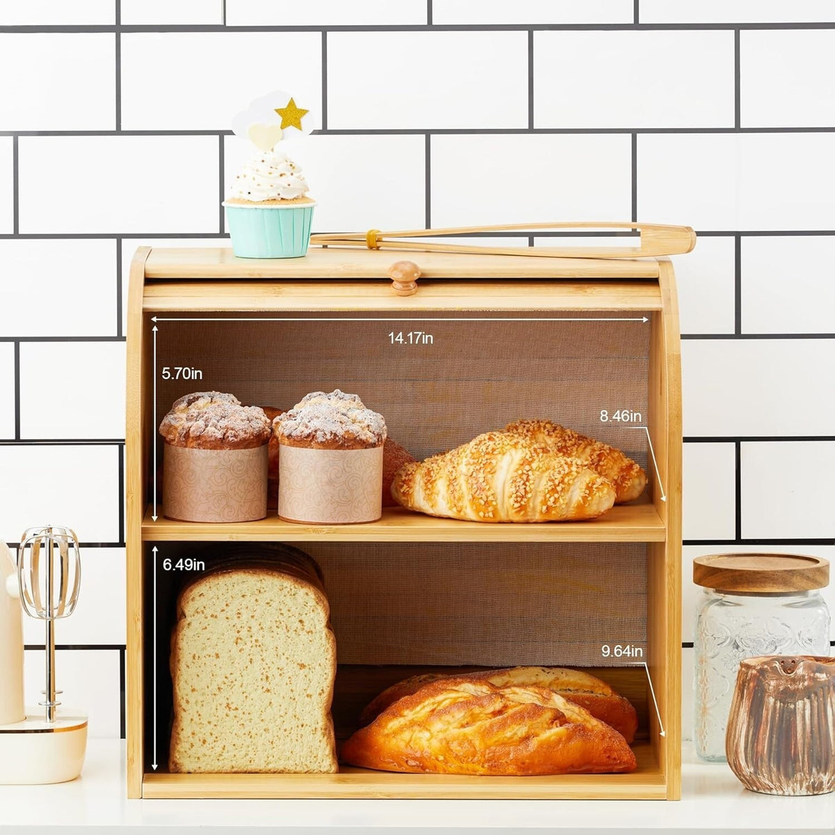 2 Tiers Slide Roll Top Bread Bin Double Layer Food Storage Box Kitchen Rack