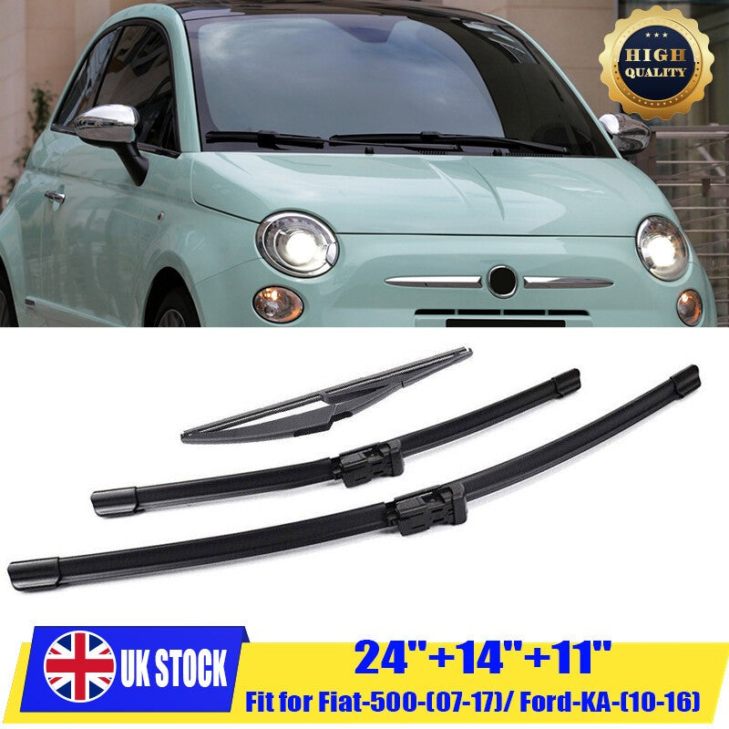 3PCS 24" 14" 11" Front & Rear Windscreen Wiper Blades Set For Fiat 500 Ford KA