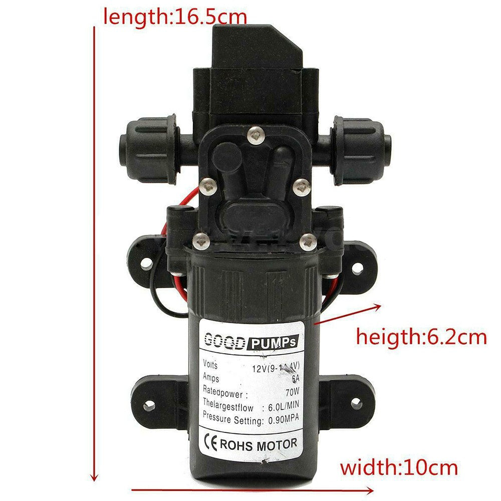 72W 12V Water Pump High Pressure Diaphragm Self Priming 130PSI 6L/Min RV Caravan