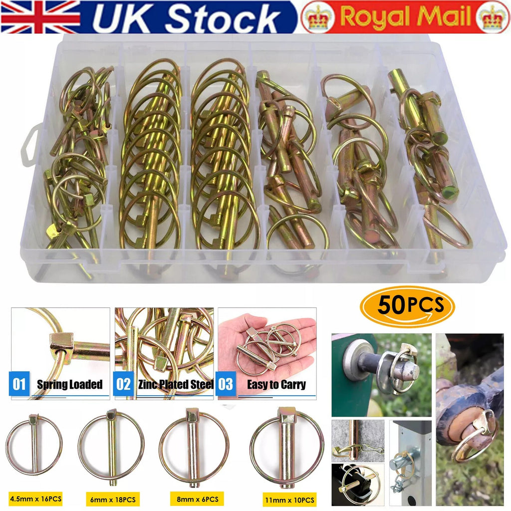 50Pcs Assorted Lynch Linch Pin Set 4.5mm 6mm 8mm 11mm For Tractor Trailer Shafts