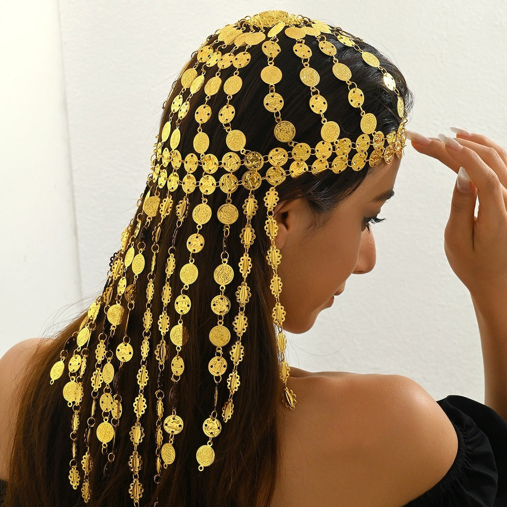 Golden Arabic headpiece W/multiple layers of tassels hollowed out hair accessory