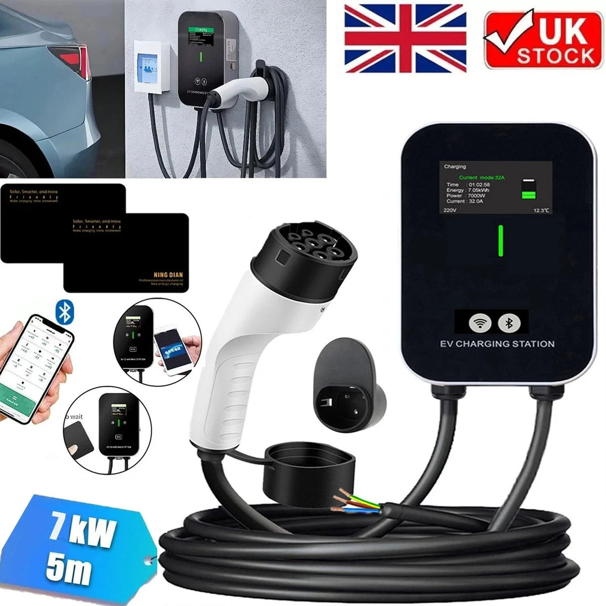 Car Charge Type 2 Electric Car Charging Station 32A 7KW EV Charger With 5M Cable