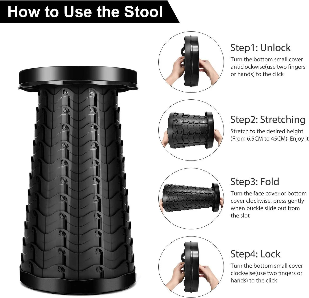 Folding Stool Portable Telescoping Seat Camping Retractable Adjustable Outdoor